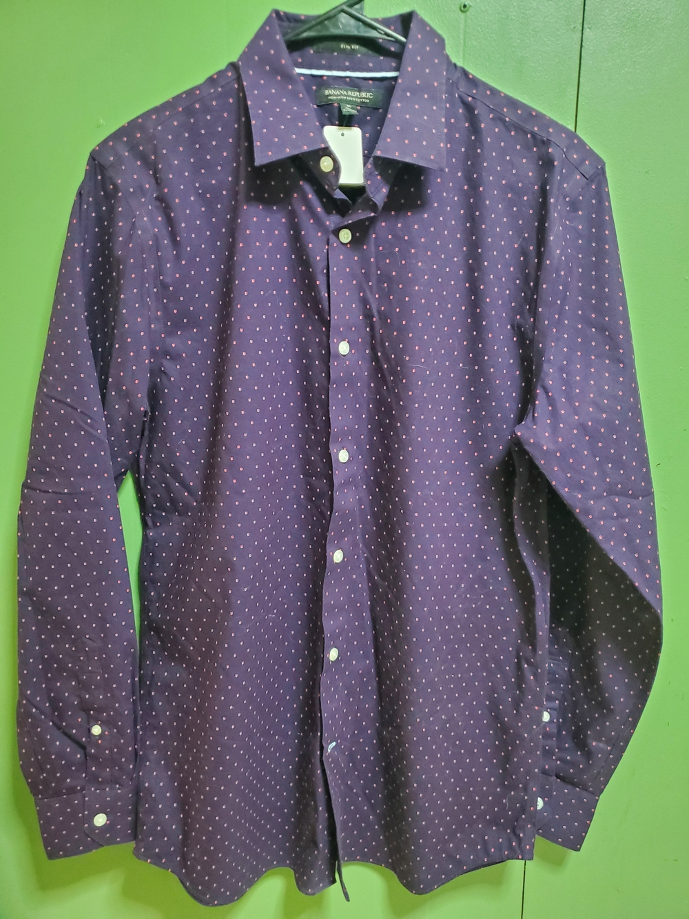 Banana Republic Men's Purple Dress Shirt with Pink Dot Pattern